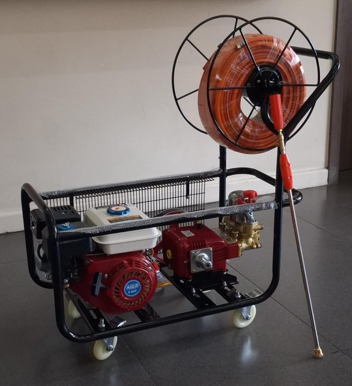 9e722fde-be30-4978-bfd1-8380df201852 Aico Japan Trolley Sprayer Petrol 8hp engine With HOSE REEL - Image 1